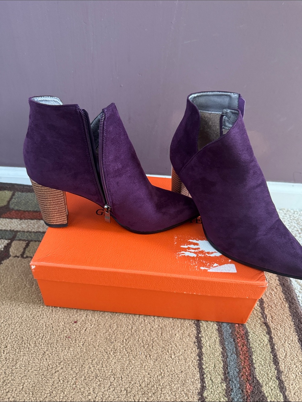 Suede Purple Ankle Booties with Stacked Heel
